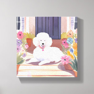 Toile Caniche Blanc Fleurs Aquarelle Chien Animal