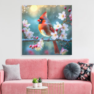 Toile Cardinal masculin en fleurs de cerisiers au clair