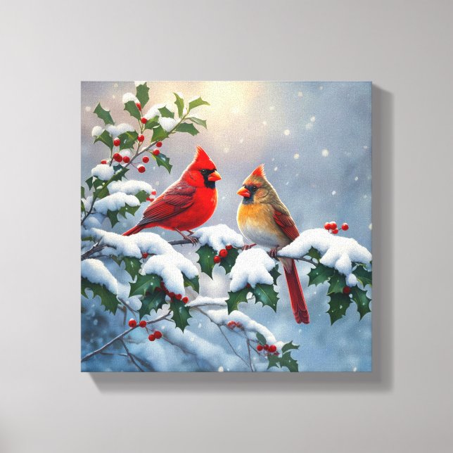 Toile Cardinaux rouges et Holly en neige (Recto)