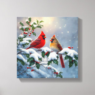 Toile Cardinaux rouges et houx dans la neige