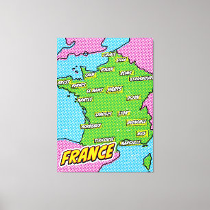 Toile Carte de France illustrée dans le style Pop Art