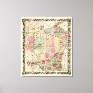 Toile Carte des cantons du Wisconsin de Colton (1851)