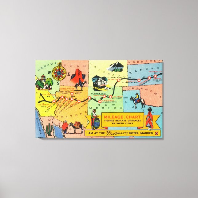 Toile Carte des emplacements des hôtels Fred HarveyCA à  (Recto)