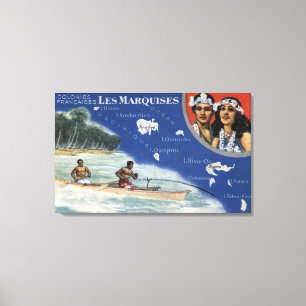 Toile Carte des îles, indigènes dans un canoë