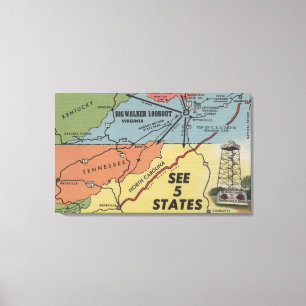 Toile Carte détaillée de 5 états - grande surveillanc