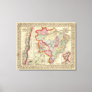 Toile Carte du Brésil, Bolivie, Paraguay, Uruguay par