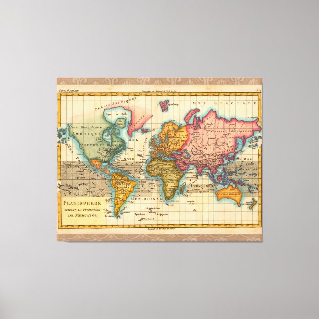 Toile Carte du monde 1700s Antique Continents (Recto)