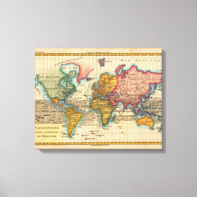 Toile Carte du monde 1700s Antique Continents (Recto)