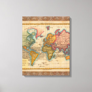 Toile Carte du Monde 1780 Bonne Antique Planisphère 