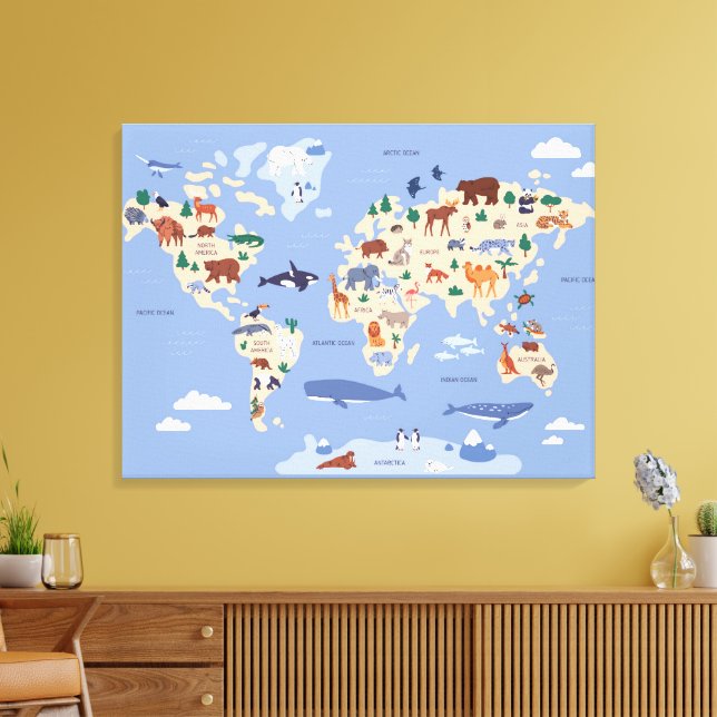 Toile carte du monde pour enfants avec animaux (Insitu(Salon))