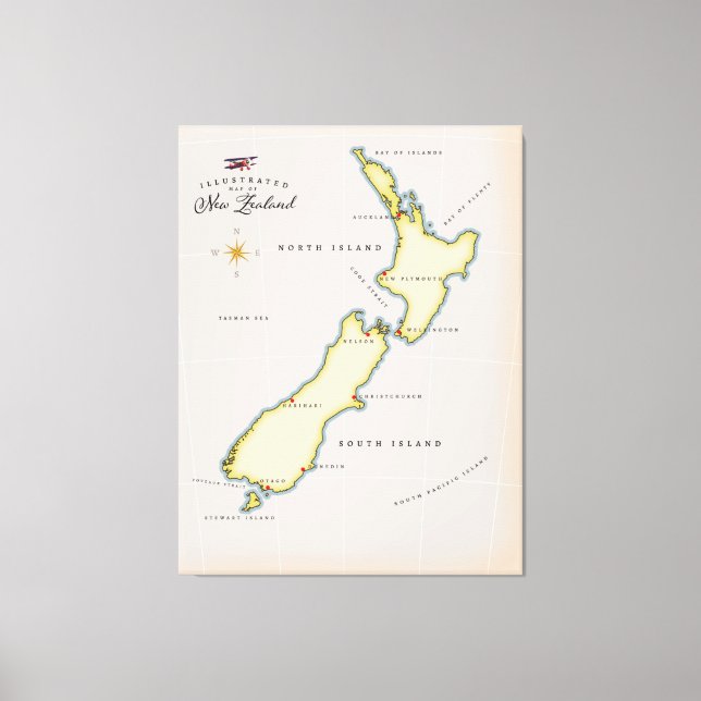 Toile Carte illustrée de la Nouvelle-Zélande (Recto)