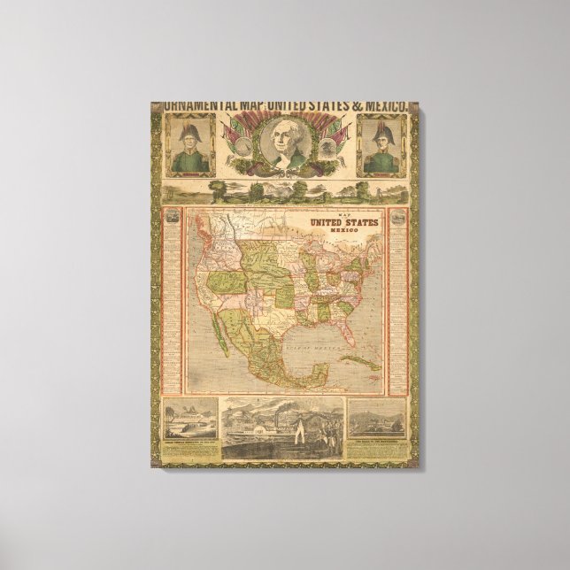 Toile Carte ornementale des États-Unis et du Mexique (Recto)