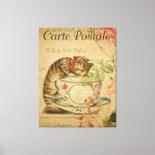 Toile Carte postale française Vintage Cat and Tea Cup