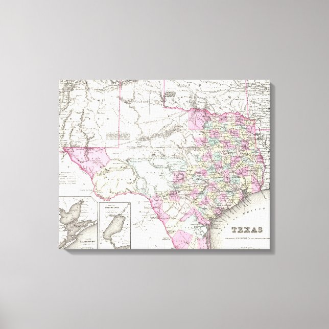 Toile Carte vintage du Texas (1855) (Recto)