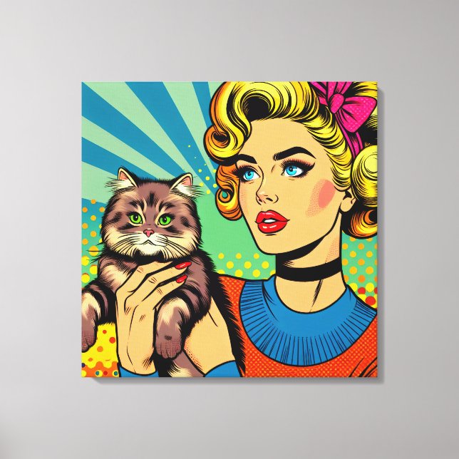 Toile Cartoon Comic Pop Art Femmes tenant un chat (Recto)