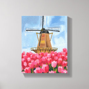 Toile Champ de fleurs de tulipes de moulin à vent hollan
