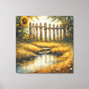 Toile Champ de Tournesols avec Clôture Rustique