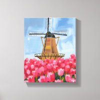 Champ de tulipes moulin à vent hollandais aquarell