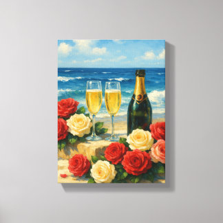 Toile Champagne et Roses sur la plage romantique