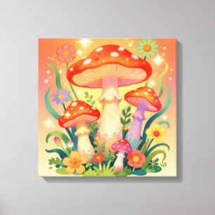 Toile Champignons et Fleurs Cottage Core