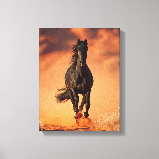 Toile Charging Black Horse Fiery Sunset Art (Recto)