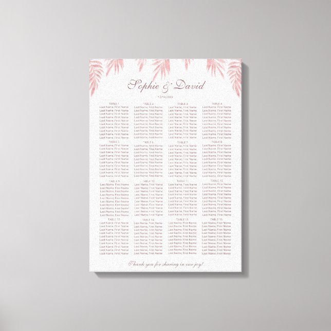 Toile Charm Rose Gold Palm Feuille Mariage Carte de sièg (Recto)