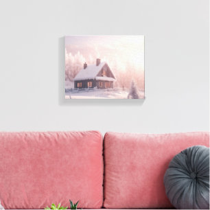 Toile Charmant Cabine en bois couvert de neige dans une