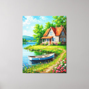 Toile Charmant cottage au bord du lac avec un bateau
