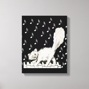 Toile Chat Blanc Clinquant sur Touches de Piano Notes Mu
