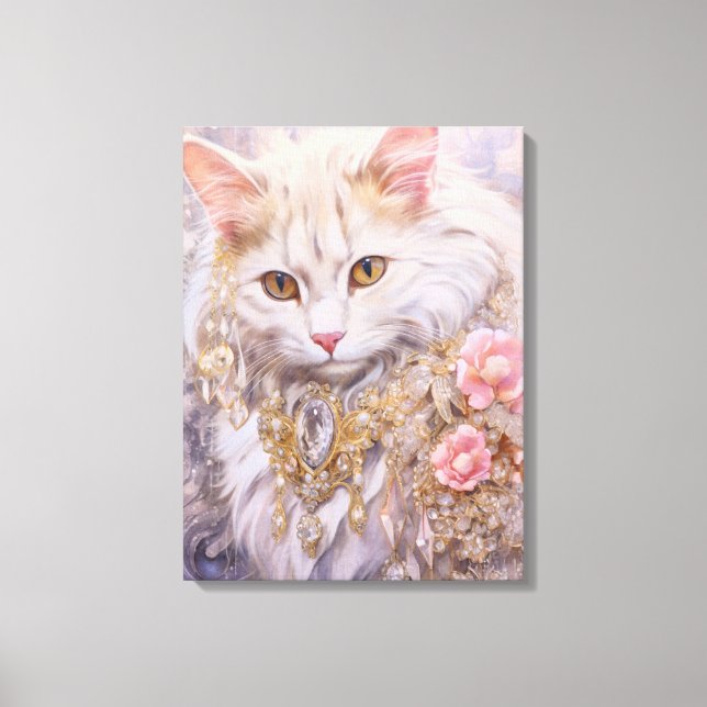 Toile Chat blanc élégant en or et diamants (Recto)
