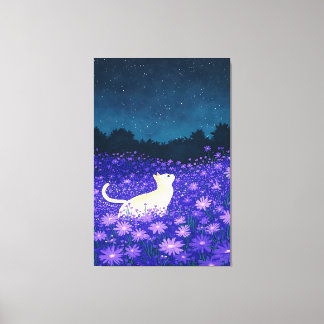 Toile Chat blanc en fleurs de minuit