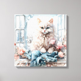 Toile Chat Blanc Fluffé Bleu Oyé Dans Une Fenêtre