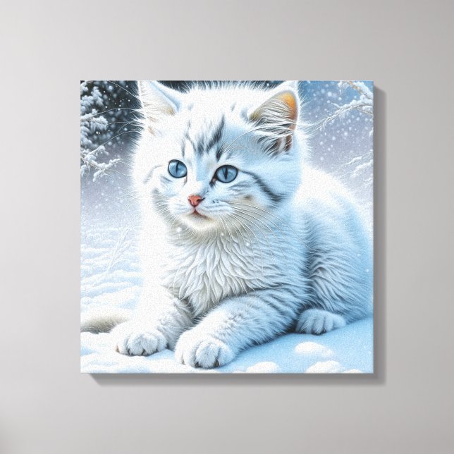 Toile Chat blanc mignon jouant dans la neige (Recto)
