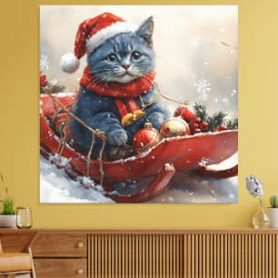 Toile Chat bleu oriental en traîneau Laissez neige Noël 
