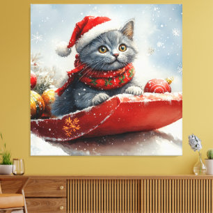 Toile Chat Bleu Russe en Luge Laissez Tomber la Neige No