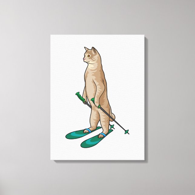 Toile Chat en Ski avec Pôles de Ski & Ski (Recto)