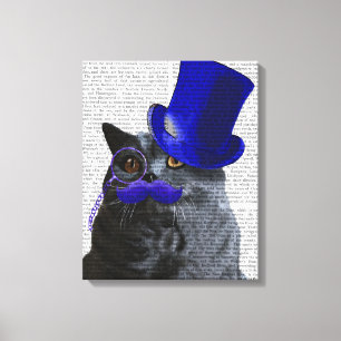 Toile Chat gris au chapeau bleu et à la moustache bleue