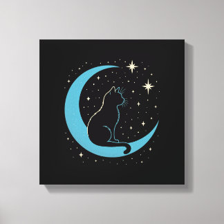 Toile Chat mystique sur le ciel de nuit de la lune bleue