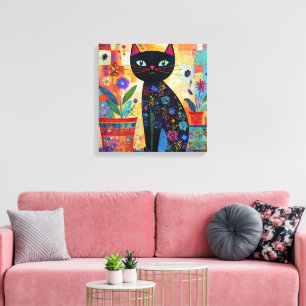 Toile Chat noir à l'illustration colorée et fantaisiste,