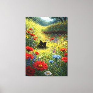 Toile Chat noir curieux dans une prairie de fleurs sauva