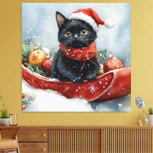 Toile Chat noir dans un traîneau Laissez neige Noël