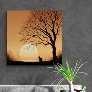 Toile Chat noir et silhouette d'arbre dans le Sun Set