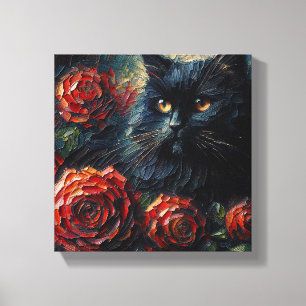 Toile Chat noir parmi les roses rouges Goth
