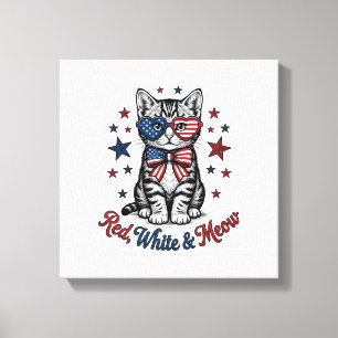 Toile Chat Patriotique Rouge Blanc et Meow Design Vintag