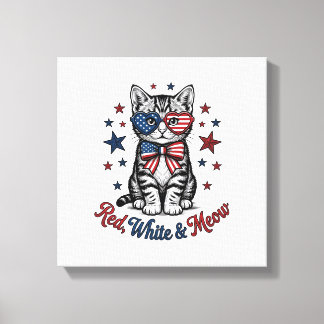 Toile Chat Patriotique Rouge Blanc et Meow Design Vintag