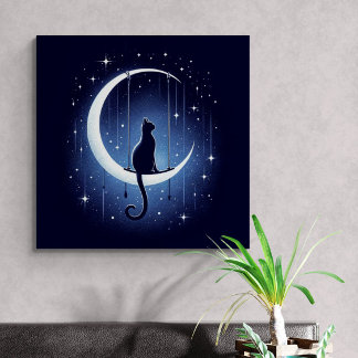 Toile Chat silhouette balançant de la lune de croissant