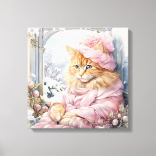Toile Chat Tabby Orange Habillé De Rose Dans Une Fenêtre