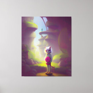 Toile Chat tenant Fleur rose