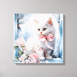 Toile Chaton Blanc Avec Bow Rose Dans Une Fenêtre