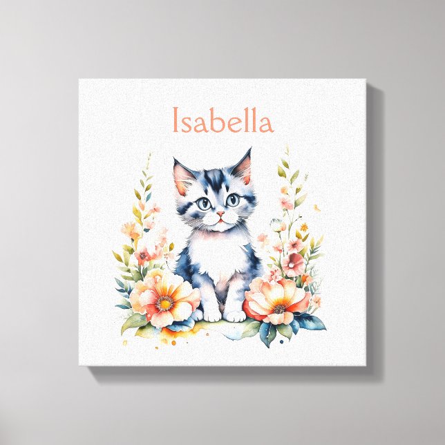 Toile Chaton gris personnalisé dans des fleurs roses (Recto)